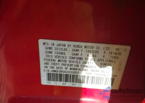 2012 Honda Fit Sport from USA, damaged, VIN JHMGE8H59CC026502